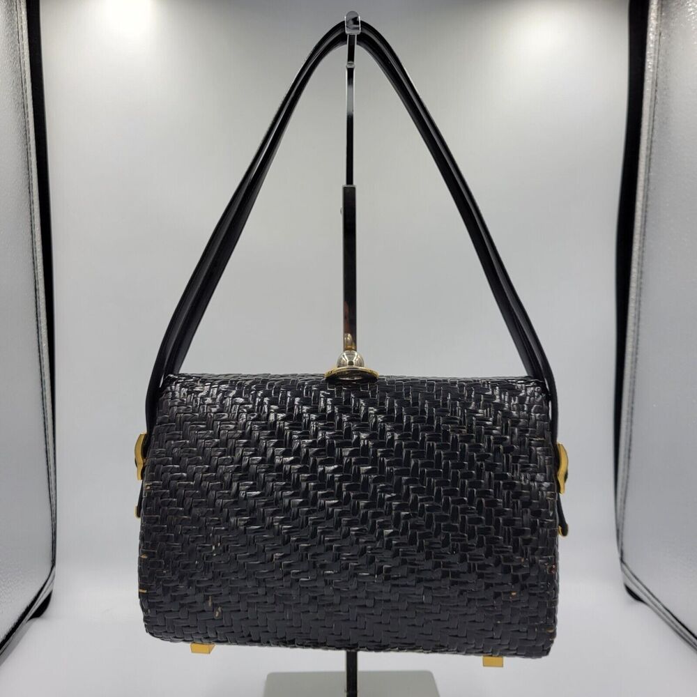Vintage Koret Black Gold Straw Basket Weave Wicker Handbag Purse Bag Intrecciato